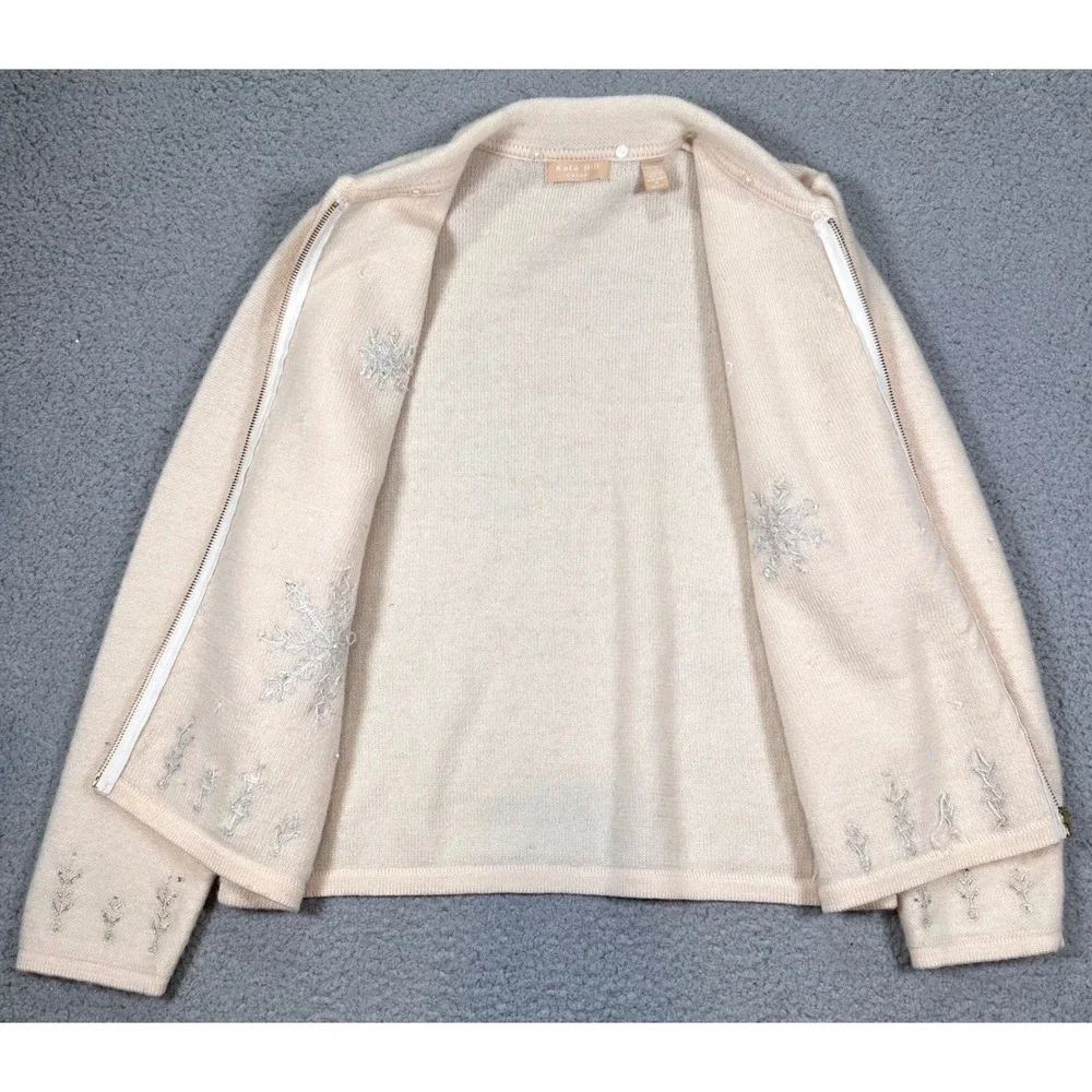 Kate Hill Wool Zip Cardigan Womens M Cream Snowflake Holiday Sweater Vintage 90s